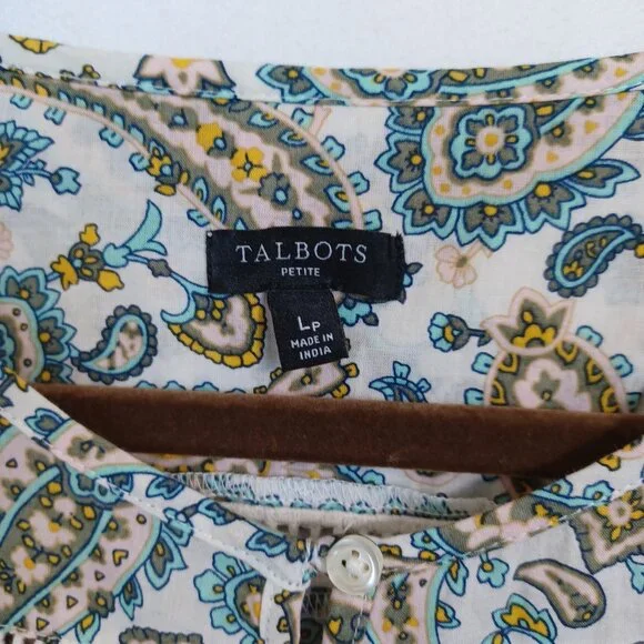 Talbots Top Green Pink Paisley Print‎ Cotton Popover Blouse Womens Large Petite - Picture 5 of 11